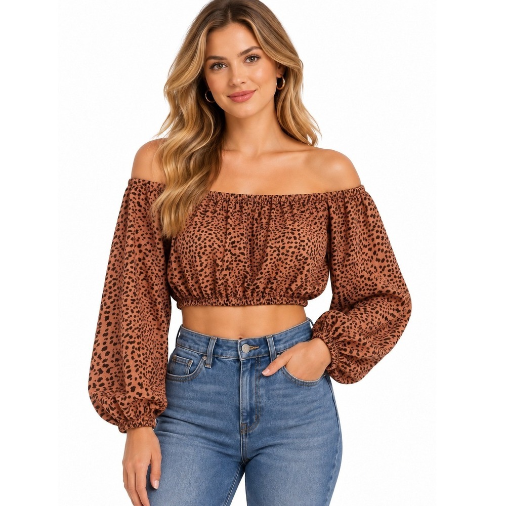 Animal Print Crop Top Women Size S Brown Boho Off Shoulder Long Sleeve
